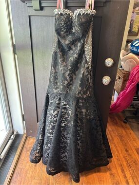Strapless Black Lace Mermaid Gown with Beaded Trim